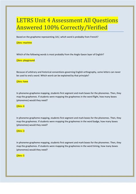 LETRS Unit 4 Assessment All Questions Answered 100% Correctly/Verified ...