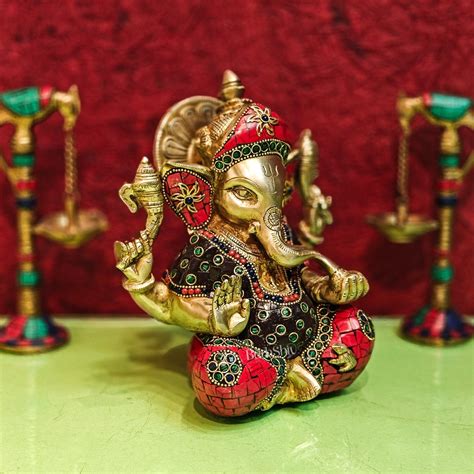 Buy Brass Handcrafted Ganapati Idol with Natural Stones and Pure Brass ...