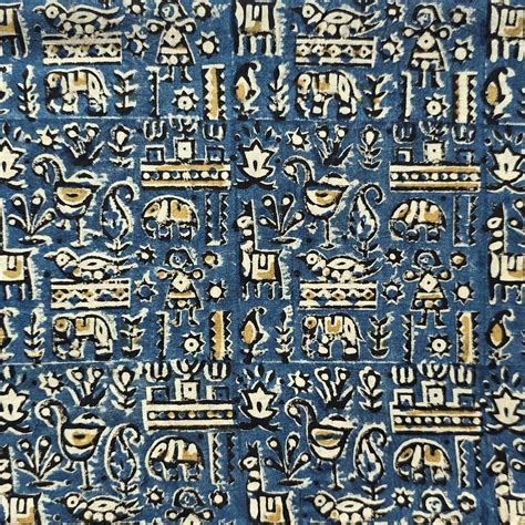 Pure Cotton Kalamkari Rust Blue With Mustard Warli Design Hand Block P ...
