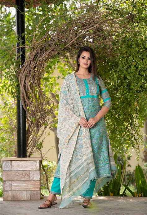 Premium Jade Chanderi Silk Handblock Suit with contrast Off-white Dupa
