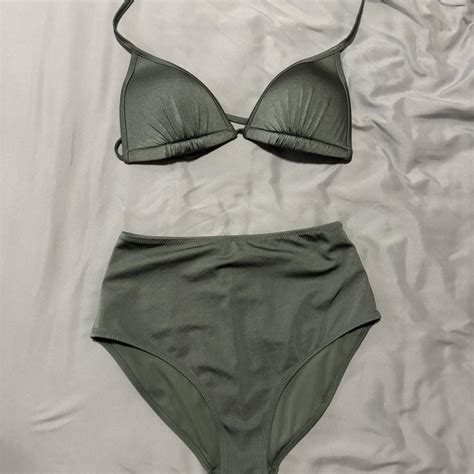 dark green bikini set high waisted bottoms size... - Depop