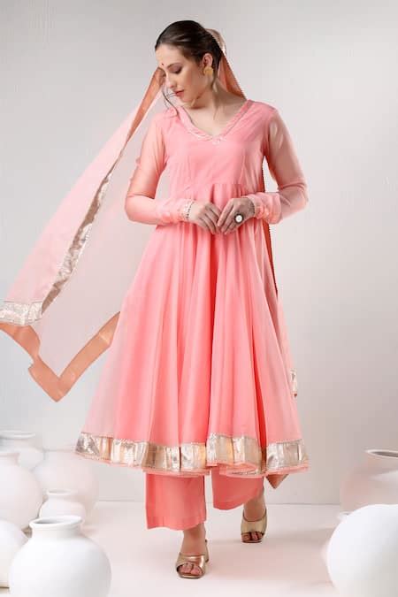 Buy Peach Organza, Cotton Gota Patti V-neck Placement Panel Anarkali ...