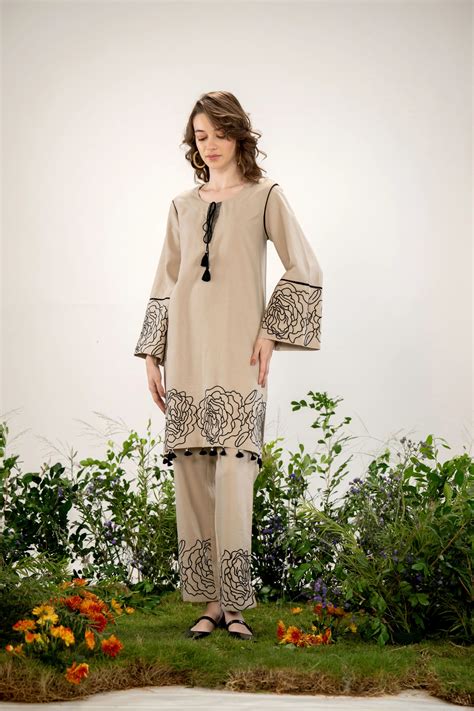 Royal Beige Floral Border Embroidered Co-ord Set in Cotton Flex – Kaftanize