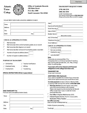 Atlantic Union College Transcript Request Form - Fill and Sign ...