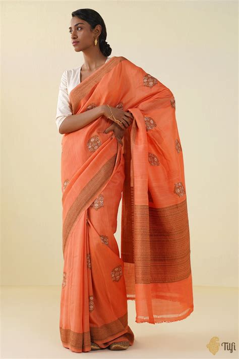 Coral Peach Pure Monga Silk Banarasi Handloom Saree - Tilfi