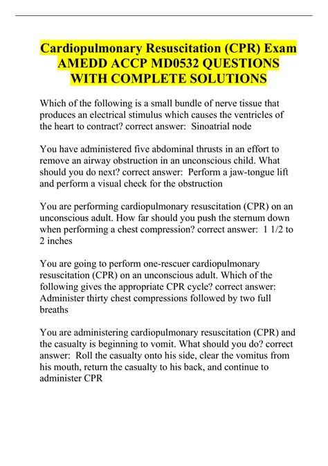 Cardiopulmonary Resuscitation (CPR) Exam AMEDD ACCP MD0532 QUESTIONS ...