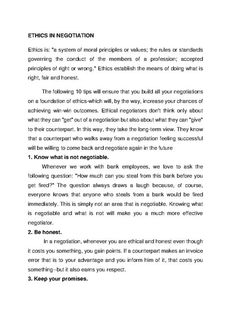 Ethics IN Negotiation - ETHICS IN NEGOTIATION Ethics is: "a system of ...