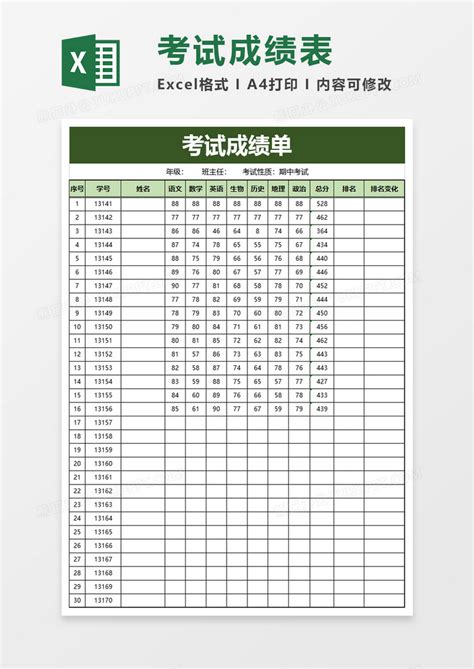 考试成绩单Excel模板下载_熊猫办公