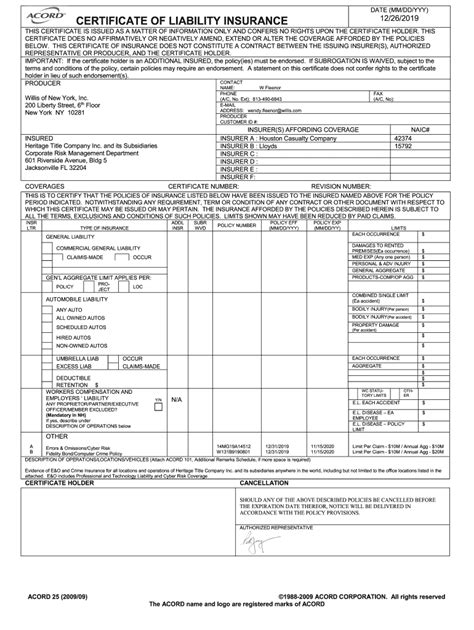 Certificate of Liability Insurance - Blank Fillable Template | Fill Out ...