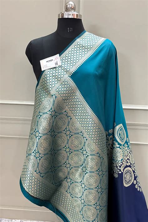 Navy Blue and Teal Golden Zari Satin Silk Banarasi Saree – Mohsin Textiles