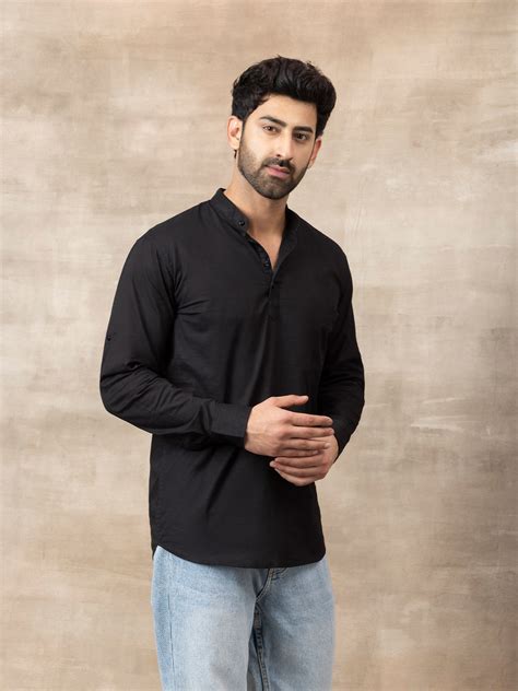 Cotton Mandarin Collar Short Kurta- Black