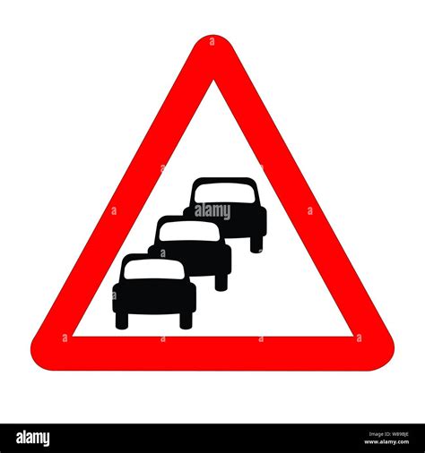 The traditional 'QUEUING' triangle, traffic sign isolated on a white ...