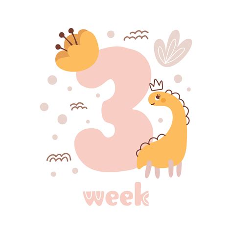 3 three week Baby girl anniversary card newborn metrics. Baby shower print with cute animal dino ...