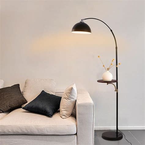 VPABES Industrial Floor Lamp with Wood Table, Modern Black Arc Floor ...