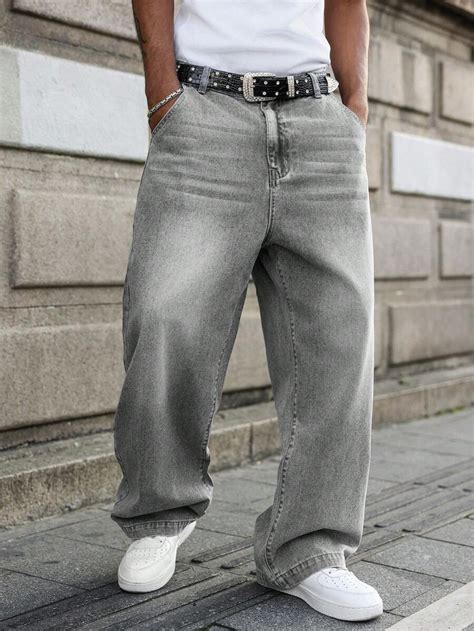 GALLERY FADE Men's Light Grey Casual Wide Leg Loose Fit Denim Jeans ...