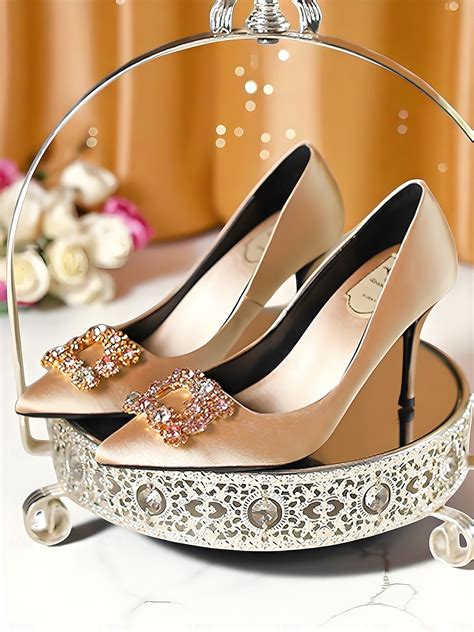 Women's Gold Satin Pointed Toe High Heels - Elegant Rhinestone Buckle ...