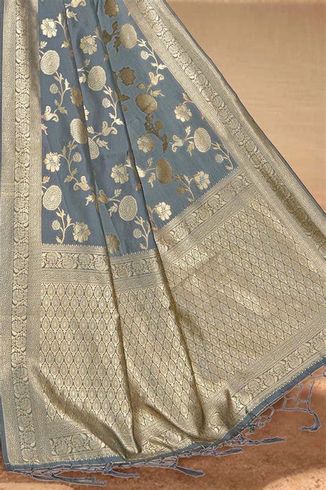 Buy Steel Grey Printed Banarasi Saree 20137 Online | Karagiri