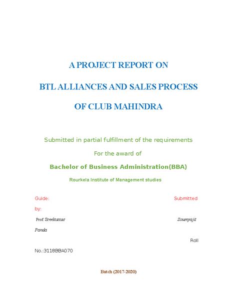 BBA Project Report: BTL Alliances & Sales Process at Club Mahindra ...