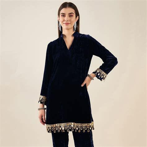 Blue Silk Velvet Kurta with Mirror Lace Detail – First Resort by Ramola ...