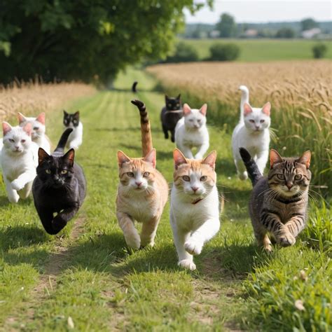 A dozen cats running through a field.