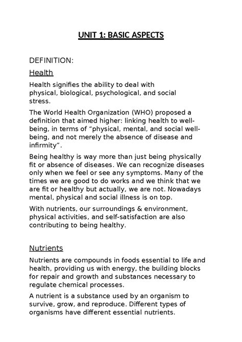 UNIT 1: INTRODUCTION TO NUTRITION AND HEALTH ASPECTS - Studocu