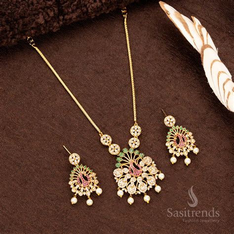 Temple Gold Peacock AD Necklace Set - Perfect for Traditional Events ...