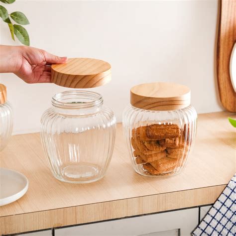 Glass Storage Jars Set of 2 With Wooden Lid 2200ml Online - Premium ...