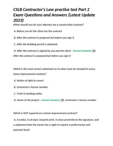 CSLB Contractor's Law practice test Part 2 Exam Questions and Answers ...