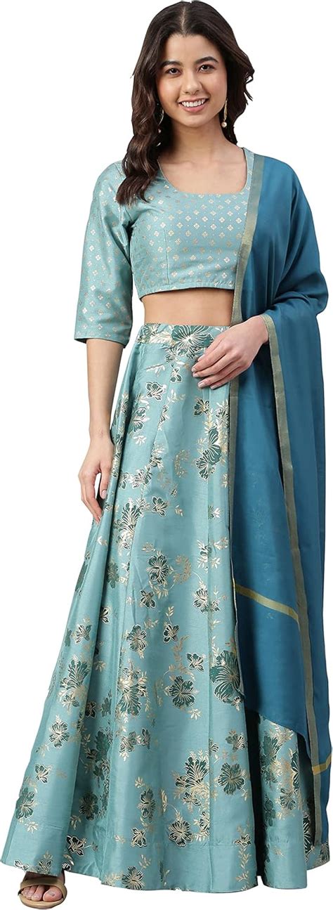 Buy Janasya Indian Women's Sea Green Poly Silk Gold Print Lehenga Choli ...