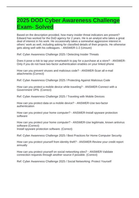 2025 DOD Cyber Awareness Challenge Exam- Solved - DOD Cyber Awareness ...