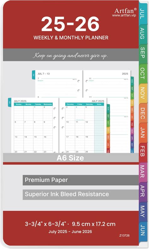 Artfan 2025-2026 Planner Refills - A6 Planner Inserts, 3.75 x 6.75 inch ...