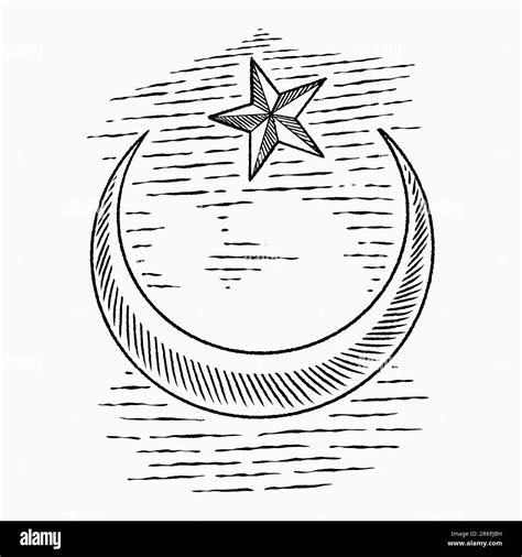 Hand drawn image of crescent moon with star. Islamic symbol in vintage ...