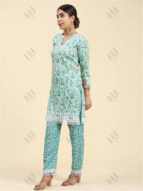 Samma Chikankari Co-ord set in Cotton for Women- Green - House Of Kari ...