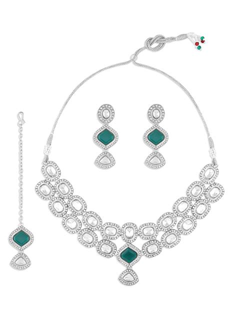 ZAVERI PEARLS Green Stones Austrian Diamonds Silver Plated Choker ...