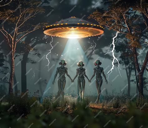Premium Photo | Two alien alien figures are holding hands in a forest ...