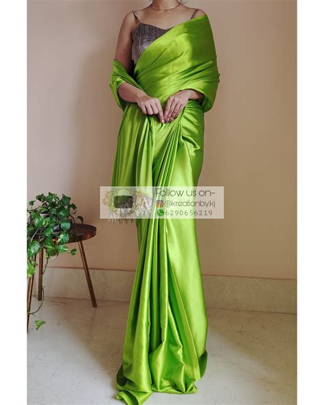 DDLJ Green Satin Silk Saree With Handmade Tassels On Pallu – kreationbykj