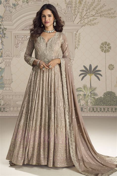 Shop for Beige Readymade Georgette Gown with Dupatta Online | Saree ...