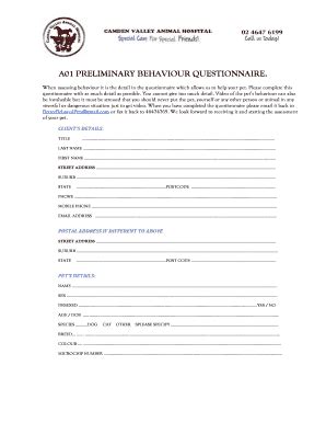 Fillable Online A01 preliminary behaviour questionnaire. - Camden ...