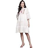 Buy ishin Women's Off White Pure Cotton Zari Embroidered A-Line Dress ...