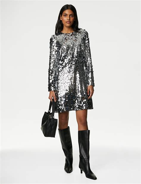 Buy Sequin Round Neck Mini Shift Dress at Marks & Spencer
