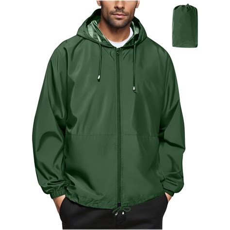 Zip Up Men's Jacket Hood Waterproof Green Rain Jacket Windbreaker ...