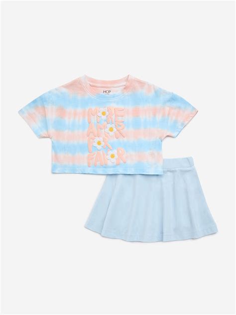 Buy HOP Kids Blue Tie-Dye Printed Cotton T-Shirt with Skirt Set from ...