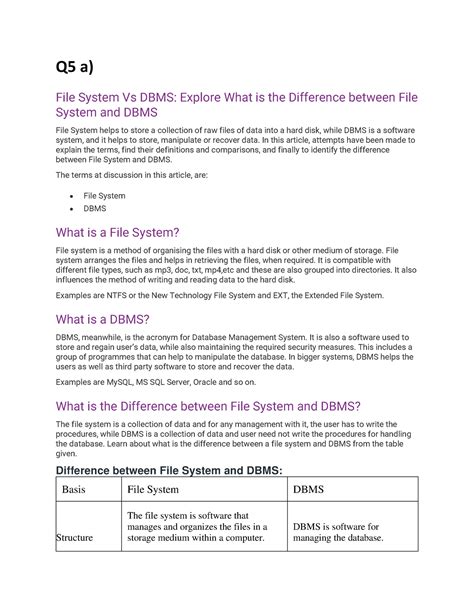 Q5 (a + b + c) Solution - Academic work - Q5 a) File System Vs DBMS ...