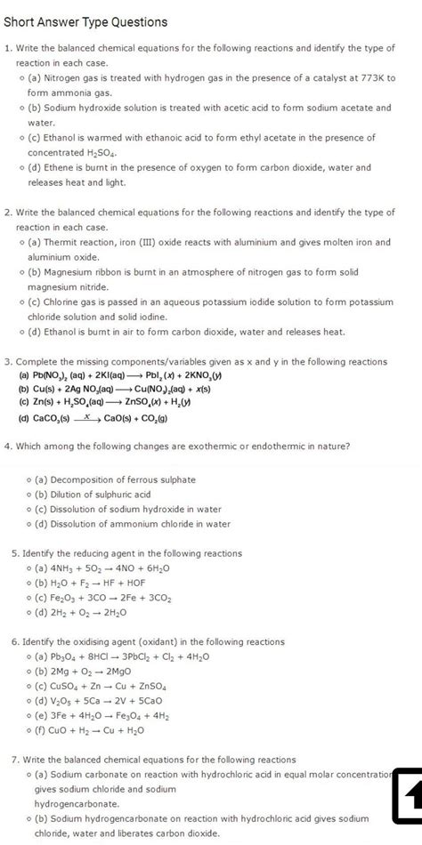 important questions of chapter chemical reactions an equations class 10 ...