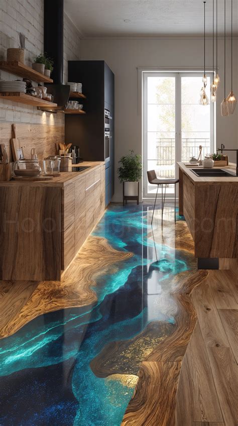 Floor Made of Epoxy Resin, Featuring Turquoise Water Stream Design in ...