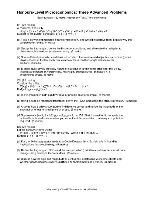Microeconomics: Advanced Problems - Honours Questions (20 Marks Each ...
