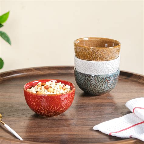 Set Of 4 Leaf Embossed Ceramic Small Bowl 250ml Online - Premium Snack ...