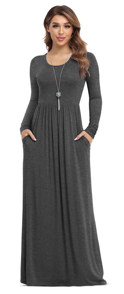 Asklazy Women's Long Sleeve Loose Plain Maxi Dresses Casual Long ...