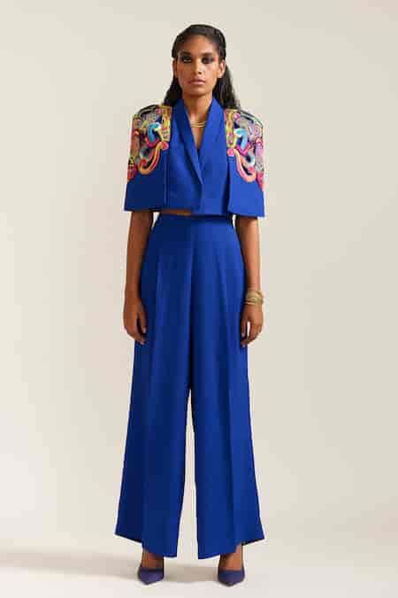 Buy Blue Crepe Applique Collared Psychedelic Crop Jacket With Pant For ...