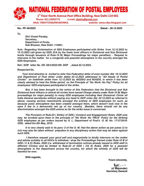 NFPE : Letters to Secretary, Posts on Victimization of GDS employees